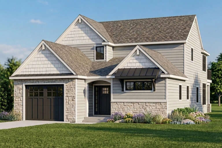 Grey Craftsman Front Elevation, lap and shake siding, stone veneer base, black metal awning, and lush garden landscaping. House Plan # 5032-00464 Digital Rendering by America's Best House Plans, Inc.