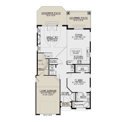 Main Floor: 1BR, 1.5BA, Great Rm w/ sloped ceiling, Kitchen, Dining, Foyer, WIC, Pantry, 1-car garage, Patio, Covered Patio. House Plan # 5032-00464 Main Floor Floor Plan Drawing by America's Best House Plans, Inc.