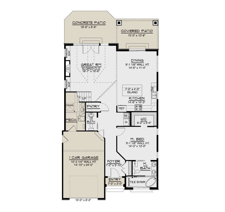 Main Floor: 1BR, 1.5BA, Great Rm w/ sloped ceiling, Kitchen, Dining, Foyer, WIC, Pantry, 1-car garage, Patio, Covered Patio. House Plan # 5032-00464 Main Floor Floor Plan Drawing by America's Best House Plans, Inc.