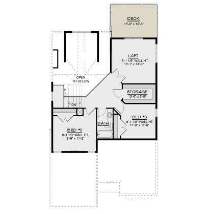 Second Floor: 2 Bed, 1 Bath, Loft, Storage, Deck, Stairs, Open to below. 8' 1" wall height. Unheated: deck area. House Plan # 5032-00464 Second Floor Floor Plan Drawing by America's Best House Plans, Inc.