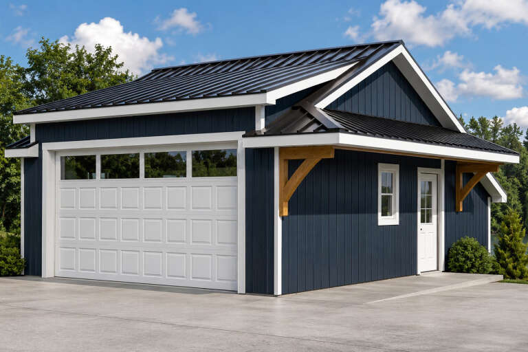 Navy Craftsman, Angled Front Elevation, vertical board-and-batten siding, metal roof, wood brackets, concrete apron. House Plan # 5032-00465 Digital Rendering by America's Best House Plans, Inc.
