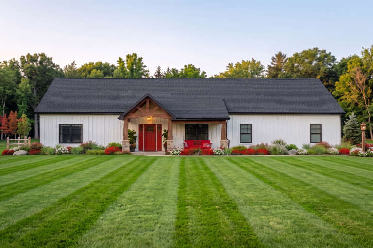 White Barndominium, Front Elevation with board-and-batten siding, red door, timber porch, stone base, and lush landscaping. House Plan # 5032-00466 Digital Rendering by America's Best House Plans, Inc.