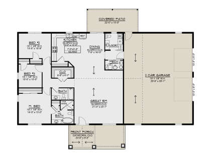 Main Floor: 3BR, 2BA, Great Rm, Dining, Kitchen, Ldry, 2-car garage, Covered Patio, Front Porch. Sloped/Cathedral ceilings. House Plan # 5032-00466 Main Floor Floor Plan Drawing by America's Best House Plans, Inc.