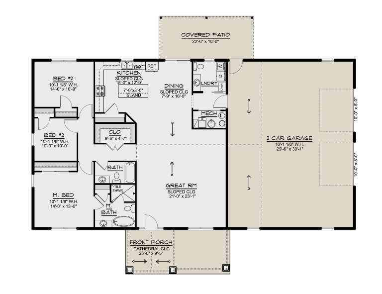 Main Floor: 3BR, 2BA, Great Rm, Dining, Kitchen, Ldry, 2-car garage, Covered Patio, Front Porch. Sloped/Cathedral ceilings. House Plan # 5032-00466 Main Floor Floor Plan Drawing by America's Best House Plans, Inc.