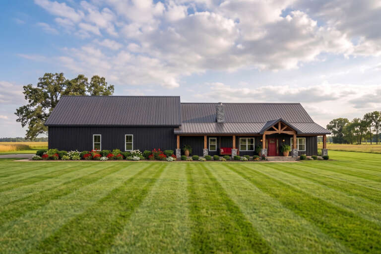 Black Barndominium, Front Elevation with metal roof, board-and-batten siding, stone accents, red door, and lush gardens. House Plan # 5032-00467 Digital Rendering by America's Best House Plans, Inc.