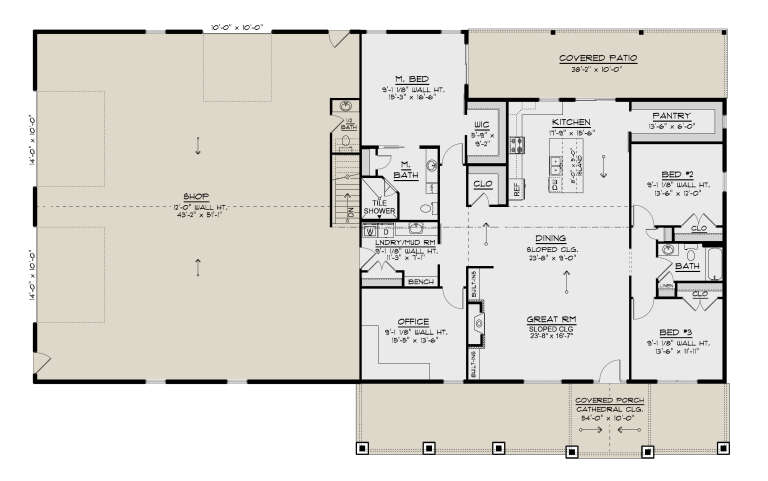 Main Floor: 3BR, 2.5BA, Office, Great Rm, Dining, Kitchen, Pantry, Ldry/Mud, Shop, WIC, Covered Patio, Covered Porch. Sloped Clg. House Plan # 5032-00467 Main Floor Floor Plan Drawing by America's Best House Plans, Inc.