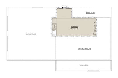Basement, stairs, mechanical area. Unheated: garage slab, patio slab, first floor slab, porch slab. House Plan # 5032-00467 Basement Floor Plan Drawing by America's Best House Plans, Inc.