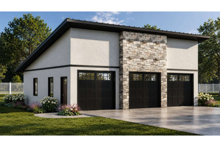 White Modern Craftsman, Angled Front Elevation, stucco siding, stone accent, black garage doors, concrete drive, shrubs. House Plan # 5032-00468 Digital Rendering by America's Best House Plans, Inc.