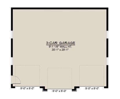 Garage Floor: 3-car garage, 35'1" x 29'1" dimensions, 9'1 1/8" wall height, three 9' x 8' garage door openings. House Plan # 5032-00468 Garage Floor Floor Plan Drawing by America's Best House Plans, Inc.