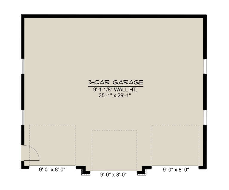 Garage Floor: 3-car garage, 35'1" x 29'1" dimensions, 9'1 1/8" wall height, three 9' x 8' garage door openings. House Plan # 5032-00468 Garage Floor Floor Plan Drawing by America's Best House Plans, Inc.