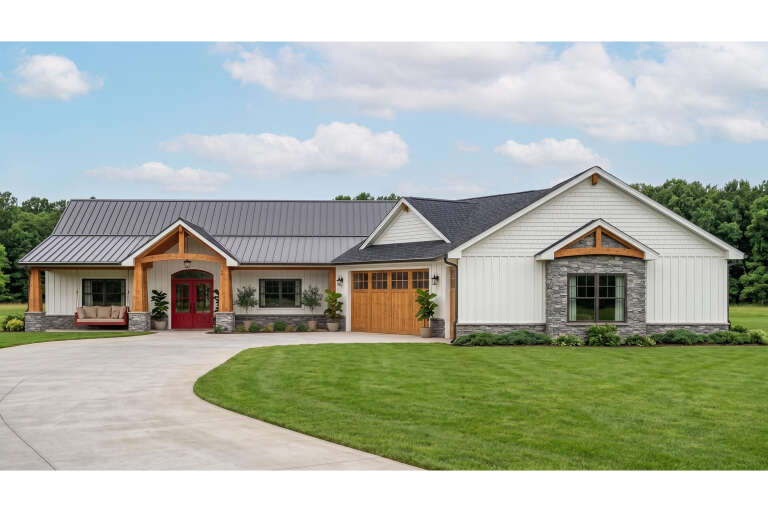 White Modern Farmhouse, Front Elevation, board-and-batten siding, stone base, red door, wood garage, metal roof, lawn. House Plan # 5032-00469 Digital Rendering by America's Best House Plans, Inc.