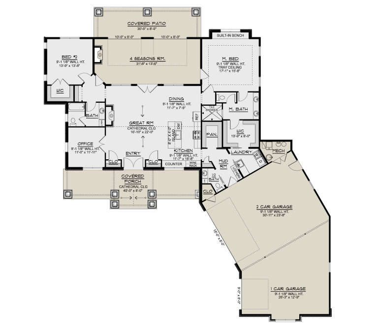 Main Floor: 2BR, 2.5BA, Great Rm, Kitchen, Dining, Office, 4 Seasons Rm, 3-car garage, WICs, Ldry, Mud Rm, Porch, Patio. House Plan # 5032-00469 Main Floor Floor Plan Drawing by America's Best House Plans, Inc.
