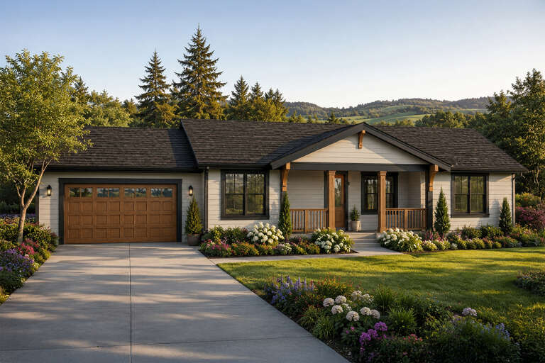 Cream Modern Farmhouse, Angled Front Elevation, horizontal siding, wood garage door, porch brackets, lush landscaping. House Plan # 035-01236 Digital Rendering by America's Best House Plans, Inc.