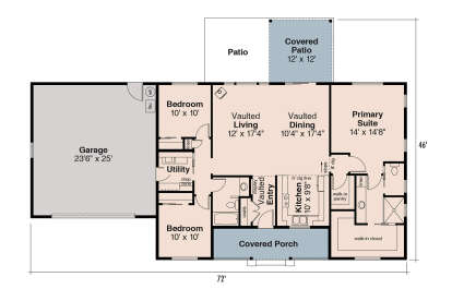 Main Floor: 3BR, 2BA, Vaulted Living/Dining/Entry, Kitchen, Utility, 2-car garage, Covered Patio/Porch, WIC, Pantry. House Plan # 035-01236 Main Floor  Floor Plan Drawing by America's Best House Plans, Inc.