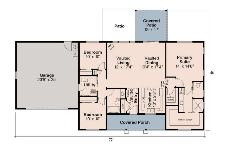 Main Floor: 3BR, 2BA, Vaulted Living/Dining/Entry, Kitchen, Utility, 2-car garage, Covered Patio/Porch, WIC, Pantry. House Plan # 035-01236 Main Floor  Floor Plan Drawing by America's Best House Plans, Inc.