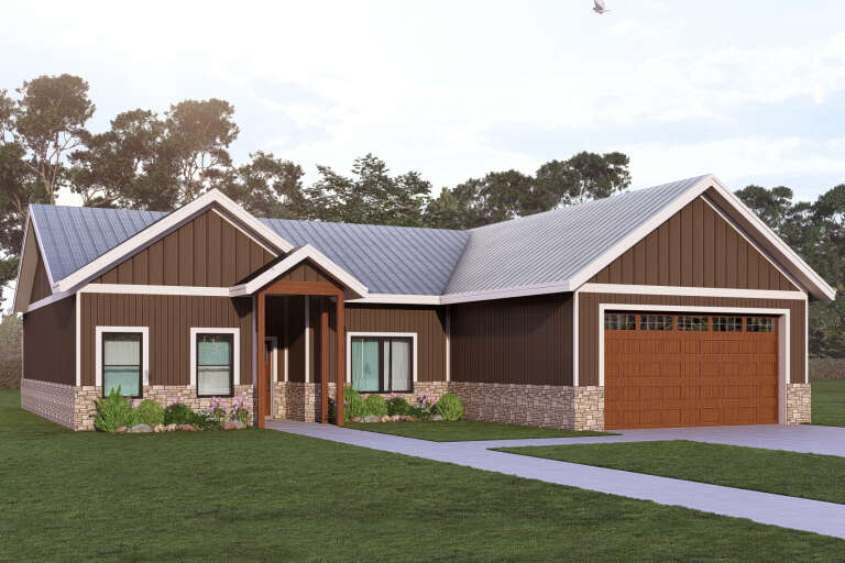 Brown Country, Angled Front Elevation, vertical board-and-batten siding, stone veneer base, metal roof, wood garage door. House Plan # 3822-00001 Digital Rendering by America's Best House Plans, Inc.