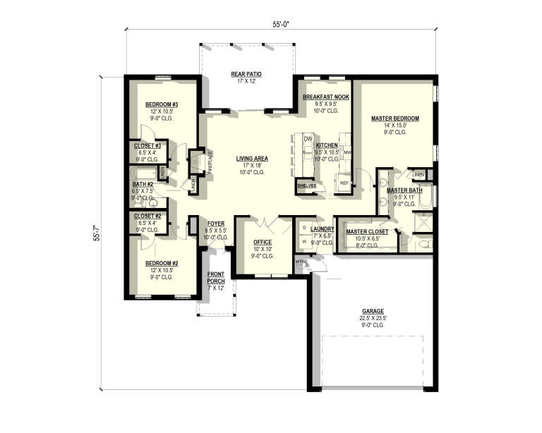 Main Floor: 3BR, 2BA, Living, Kitchen, Brkfst, Office, Ldry, 2-car garage, Front Porch, Rear Patio, Fireplace, WIC. House Plan # 3822-00001 Main Floor  Floor Plan Drawing by America's Best House Plans, Inc.