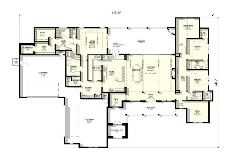 Main Floor: 3BR, 3.5BA, Great Rm, Kitchen, Dining, Office, Exercise, 4-car garage, 2 WIC, Ldry, Mud, 2 Porches, Fireplace. House Plan # 3822-00002 Main Floor  Floor Plan Drawing by America's Best House Plans, Inc.