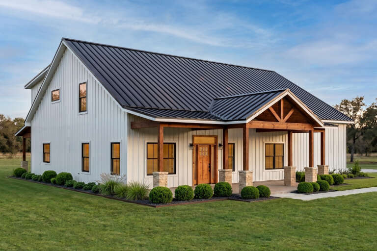 White Barndominium, Angled Front Elevation, metal roof, board-and-batten siding, stone pillars, wood porch, landscaping. House Plan # 3822-00003 Digital Rendering by America's Best House Plans, Inc.