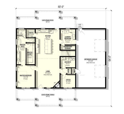 Main Floor: 1BR, 2BA, Office, Kitchen, Pantry, Living, Ldry/Mud, Garage, Cov'd Porch/Patio, FP, Vaulted Clg, WIC, Storage. House Plan # 3822-00003 Main Floor  Floor Plan Drawing by America's Best House Plans, Inc.