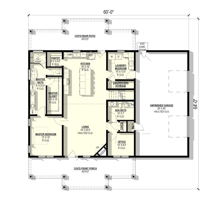 Main Floor: 1BR, 2BA, Office, Kitchen, Pantry, Living, Ldry/Mud, Garage, Cov'd Porch/Patio, FP, Vaulted Clg, WIC, Storage. House Plan # 3822-00003 Main Floor  Floor Plan Drawing by America's Best House Plans, Inc.