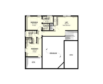 Second Floor: 2BR, 2BA, Loft with kitchenette, vaulted ceiling, 2 closets, stairs, open to below, 2 attic storage areas. House Plan # 3822-00003 Second Floor Floor Plan Drawing by America's Best House Plans, Inc.