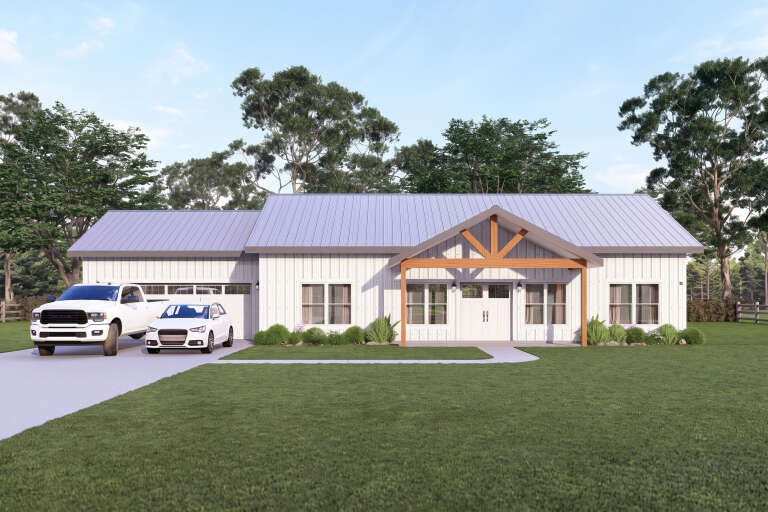 White Modern Farmhouse, Front Elevation, vertical board-and-batten siding, metal roof, timber truss, concrete driveway. House Plan # 3822-00004 Digital Rendering by America's Best House Plans, Inc.