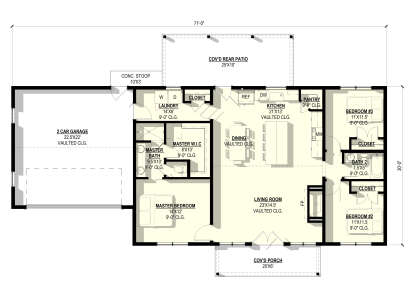 Main Floor: 3BR, 2BA, Kitchen, Dining, Living, Ldry, Pantry, 2-car garage, Cov'd Porch/Patio, FP. Vaulted ceilings. House Plan # 3822-00004 Main Floor  Floor Plan Drawing by America's Best House Plans, Inc.