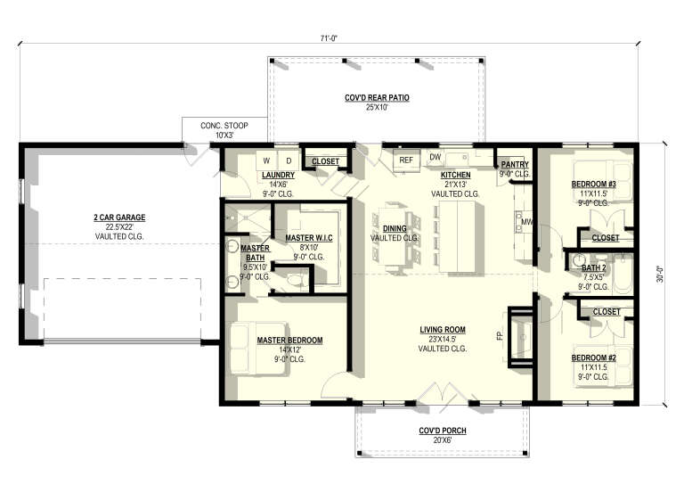 Main Floor: 3BR, 2BA, Kitchen, Dining, Living, Ldry, Pantry, 2-car garage, Cov'd Porch/Patio, FP. Vaulted ceilings. House Plan # 3822-00004 Main Floor  Floor Plan Drawing by America's Best House Plans, Inc.