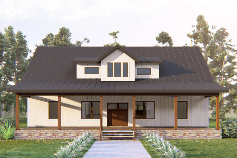 White Modern Farmhouse, Front Elevation, vertical siding, stone base, metal roof, wooden porch posts, and stone walkway. House Plan # 3822-00005 Digital Rendering by America's Best House Plans, Inc.