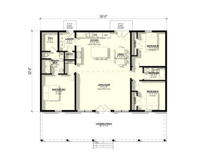 Main Floor: 3BR, 2BA, Vaulted Living/Kitchen/Dining, Pantry, Ldry, WIC. 2 Conc. Stoops, Covered Porch. 9' ceilings. House Plan # 3822-00005 Main Floor  Floor Plan Drawing by America's Best House Plans, Inc.