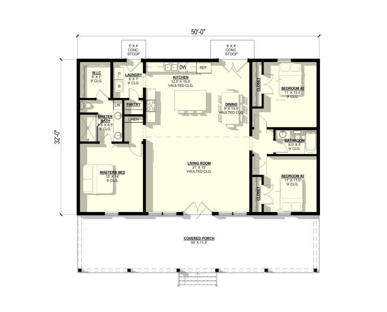 Main Floor: 3BR, 2BA, Vaulted Living/Kitchen/Dining, Pantry, Ldry, WIC. 2 Conc. Stoops, Covered Porch. 9' ceilings. House Plan # 3822-00005 Main Floor  Floor Plan Drawing by America's Best House Plans, Inc.