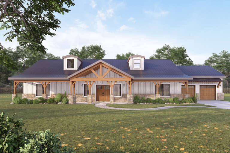 White Modern Farmhouse, Front Elevation, board-and-batten siding, stone base, timber trusses, metal roof, wood garage. House Plan # 3822-00006 Digital Rendering by America's Best House Plans, Inc.