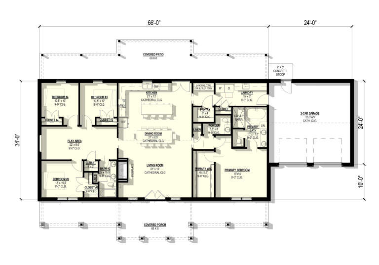 Main Floor: 4BR, 2.5BA, Living, Dining, Kitchen, Play Area, Ldry, 2-car garage, Covered Patio, Porch. Cathedral ceilings. House Plan # 3822-00006 Main Floor  Floor Plan Drawing by America's Best House Plans, Inc.