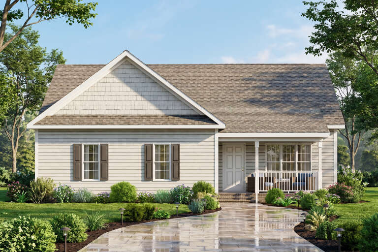 Beige Traditional Front Elevation, horizontal siding, shake gables, dark shutters, covered porch, stone path, landscaping. House Plan # 699-00547 Digital Rendering by America's Best House Plans, Inc.