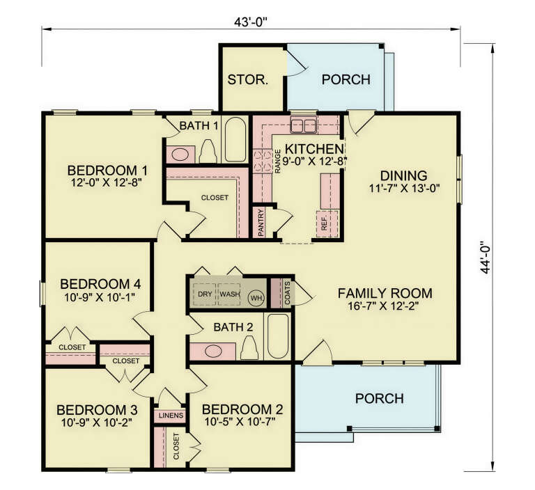 Main Floor: 4BR, 2BA, Kitchen, Dining, Family, Pantry, Ldry, Closets. 2 Porches, Storage. Unheated: Porches, Storage. House Plan # 699-00547 Main Floor  Floor Plan Drawing by America's Best House Plans, Inc.