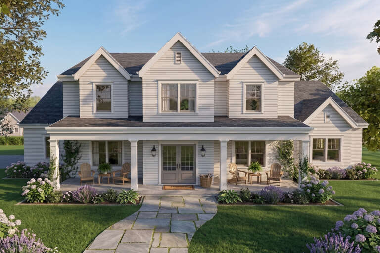 White Modern Farmhouse, Front Elevation, horizontal siding, covered porch, stone walkway, lush landscaping, wall sconces. House Plan # 6779-00011 Digital Rendering by America's Best House Plans, Inc.