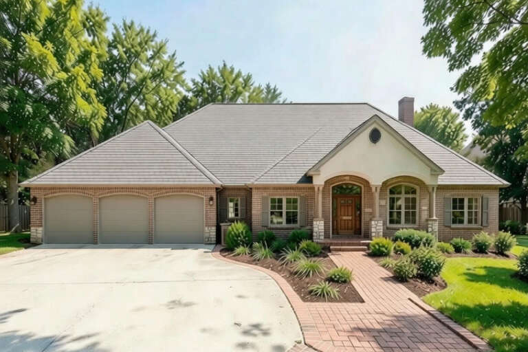 Tan Traditional, Front Elevation with brick siding, arched entry, three-car garage, brick walkway, and lush landscaping. House Plan # 4440-00011 Digital Rendering by America's Best House Plans, Inc.