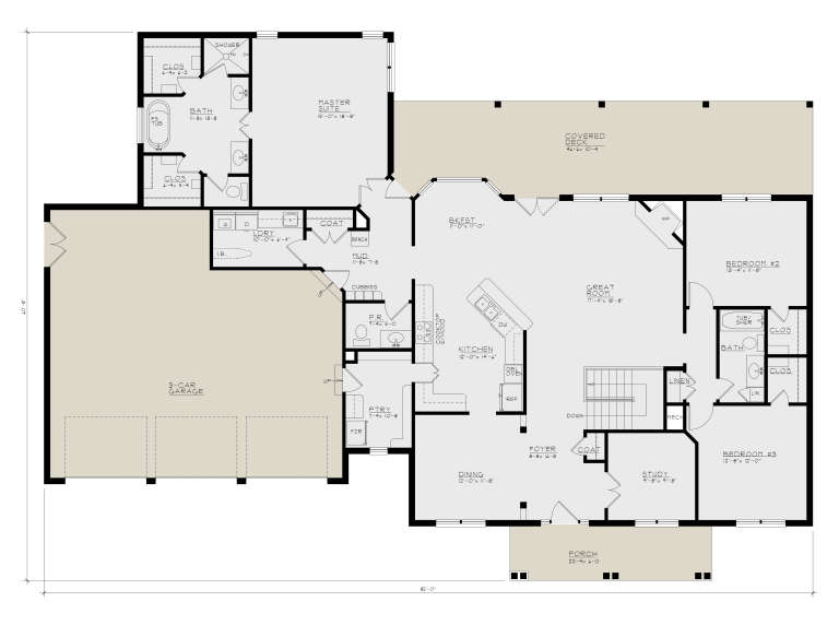 Main Floor: 3BR, 2.5BA, Great Rm w/ FP, Kitchen, Dining, Study, Brkfst, Ldry, Mud, 3-car garage, Covered Deck, Porch, Stairs. House Plan # 4440-00011 Main Floor  Floor Plan Drawing by America's Best House Plans, Inc.