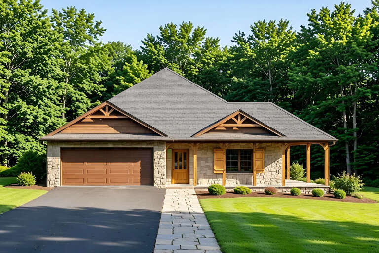Tan Craftsman Front Elevation, stone and wood siding, timber gables, stone path, lush lawn, and forest backdrop. House Plan # 4440-00012 Digital Rendering by America's Best House Plans, Inc.