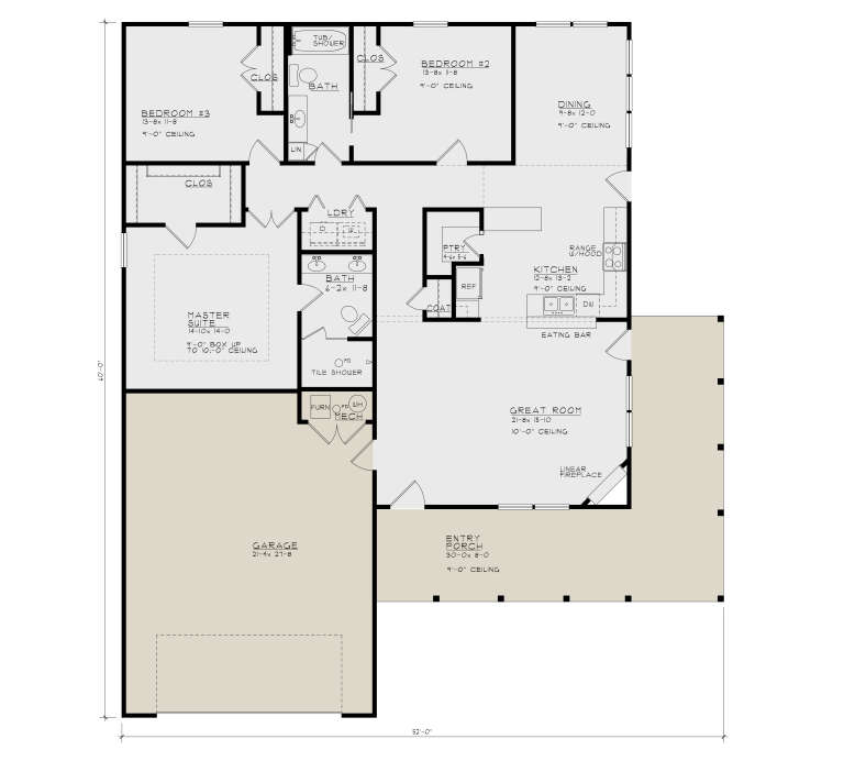 Main Floor: 3BR, 2BA, Great Rm w/ fireplace, Kitchen, Dining, Ldry, Pantry. 2-car garage, Porch. 9'-10' ceilings. House Plan # 4440-00012 Main Floor  Floor Plan Drawing by America's Best House Plans, Inc.