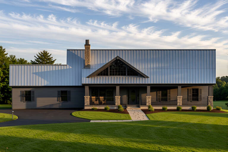 Grey Modern Farmhouse, Front Elevation, metal roof, stone chimney, covered porch, stone pillars, stone path, green lawn. House Plan # 4440-00013 Digital Rendering by America's Best House Plans, Inc.