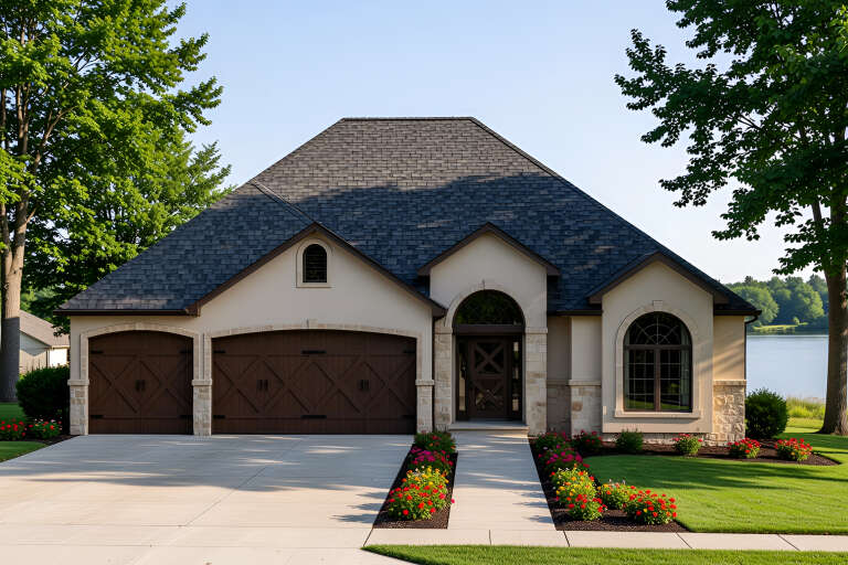 Beige European Front Elevation, stucco and stone siding, arched entryway, dark wood garage doors, and vibrant landscaping. House Plan # 4440-00014 Digital Rendering by America's Best House Plans, Inc.
