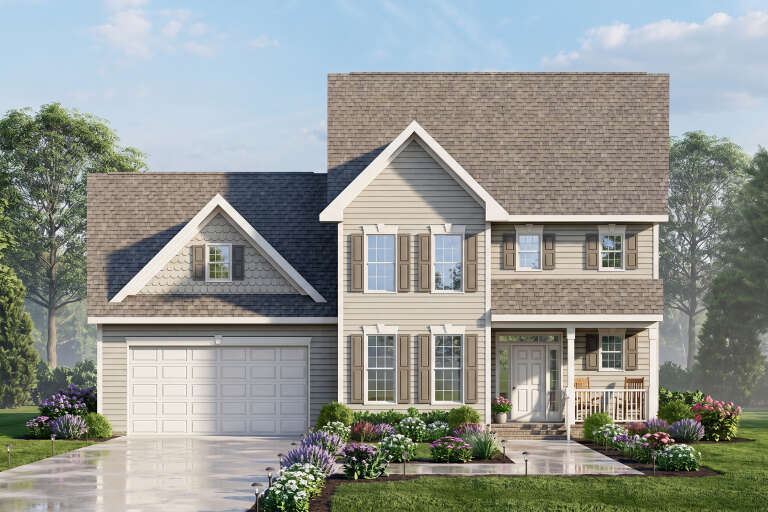 Beige Traditional, Front Elevation, lap siding, shingle accents, brown shutters, front porch, lush garden, concrete path. House Plan # 699-00548 Digital Rendering by America's Best House Plans, Inc.