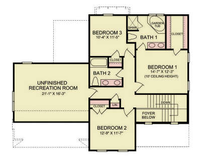 Second Floor: 3BR, 2BA, Unfinished Rec Room, Foyer below, stairs, closets, linen closet. 10' ceiling in BR 1. House Plan # 699-00548 Second Floor Floor Plan Drawing by America's Best House Plans, Inc.