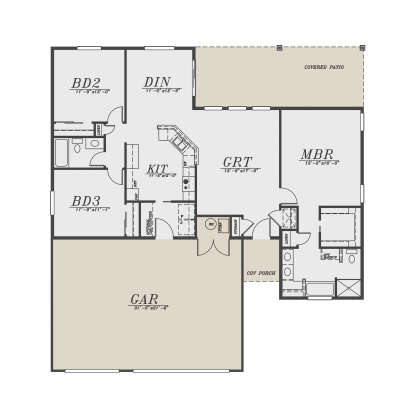 Main Floor: 3BR, 2BA, Kitchen, Dining, Great Room, Ldry, 2-car garage, Covered Patio, Covered Porch, WIC, Linen closets. House Plan # 5244-00029 Main Floor  Floor Plan Drawing by America's Best House Plans, Inc.
