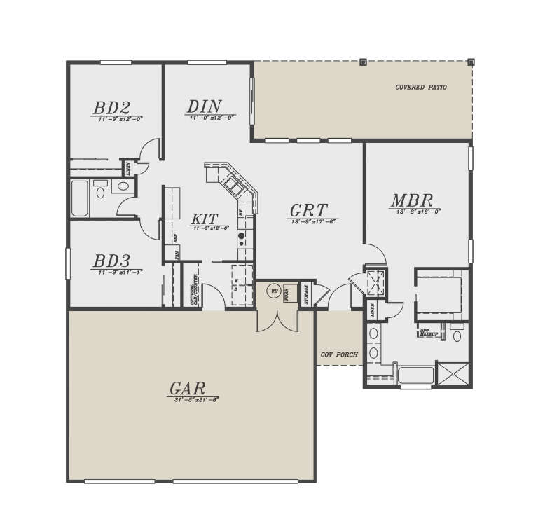 Main Floor: 3BR, 2BA, Kitchen, Dining, Great Room, Ldry, 2-car garage, Covered Patio, Covered Porch, WIC, Linen closets. House Plan # 5244-00029 Main Floor  Floor Plan Drawing by America's Best House Plans, Inc.
