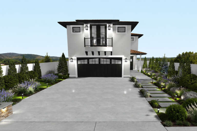 Grey Contemporary Front Elevation, stucco siding, black garage door, balcony, wall lanterns, and stone-bordered walkway. House Plan # 2802-00568 Digital Rendering by America's Best House Plans, Inc.
