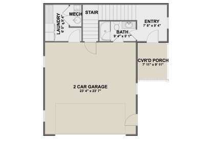 Garage Floor: 1 BA, Entry, Ldry, Mech, Stairs, 2-car garage, Cvr'd Porch. Unheated: garage, porch. House Plan # 2802-00568 Garage Floor Floor Plan Drawing by America's Best House Plans, Inc.