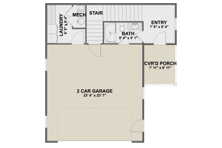 Garage Floor: 1 BA, Entry, Ldry, Mech, Stairs, 2-car garage, Cvr'd Porch. Unheated: garage, porch. House Plan # 2802-00568 Garage Floor Floor Plan Drawing by America's Best House Plans, Inc.